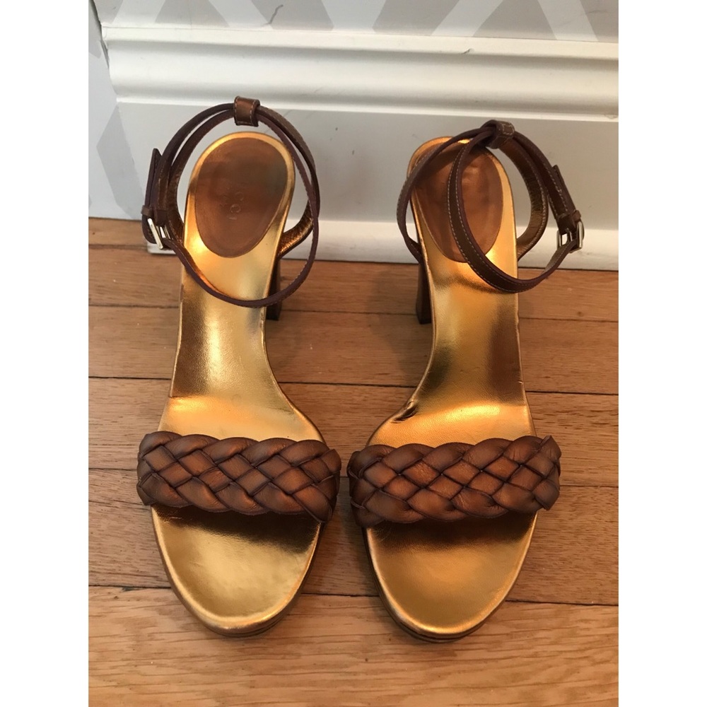 Gucci Gold Leather Braided Platform Sandal - Picture 1 of 8